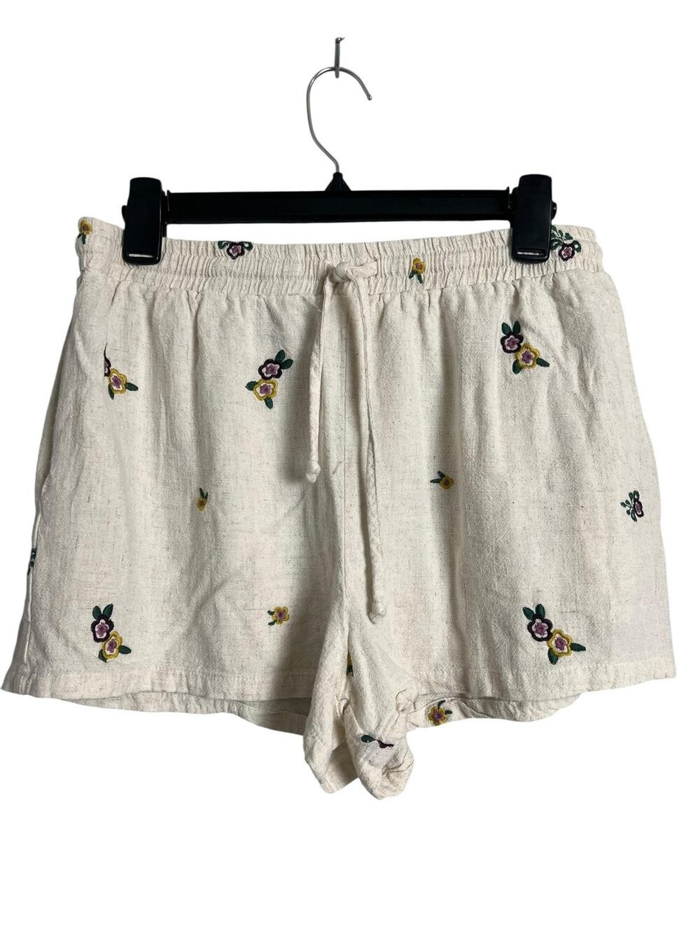 Hem & Thread Cottagecore Shorts Large White Embroidered Floral Linen Blend Boho